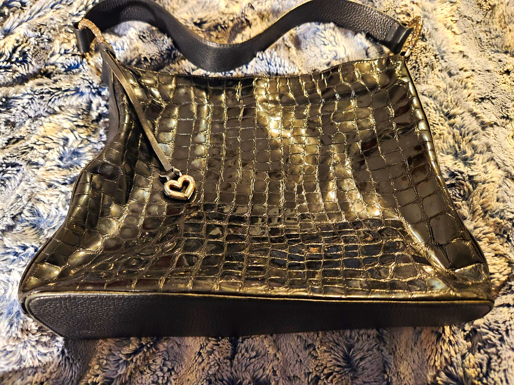 Brighton Black Croc Embossed Leather Shoulder Bag Silver Heart Charm Y2K
